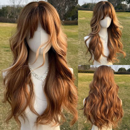 SMILCO/26Inch Highlight Brown With  Blonde Long Curly With Bangs Synthetic Wig/SM412