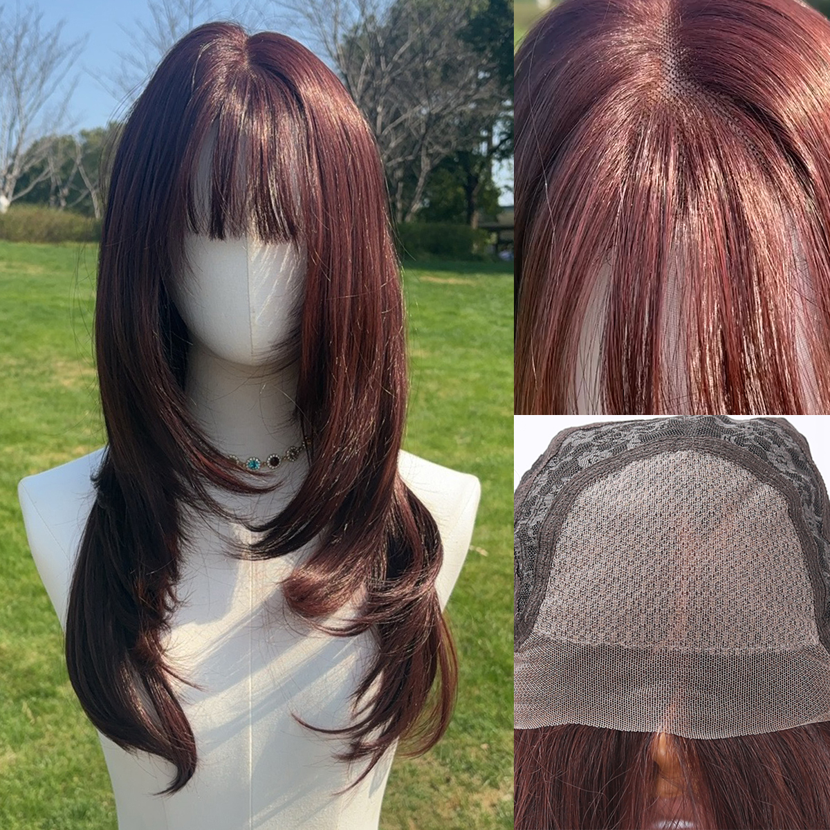 SMILCO/24Inch Luxury Caramel Brown Low Density/Pre-Cut/13*6 Lace Front Free Part Futura Layer Cutted Medium Curly With Bangs/Glueless/Natural Hairline/ Synthetic Lace Front Wig/SM9913