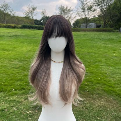 SMILCO/28Inch Ombre Deep-Light Brown Long Wave Synthetic Wig/SM037