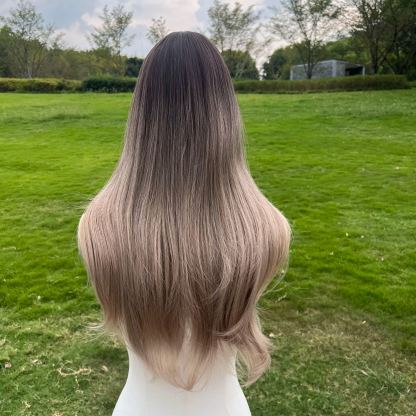 SMILCO/28Inch Ombre Deep-Light Brown Long Wave Synthetic Wig/SM037