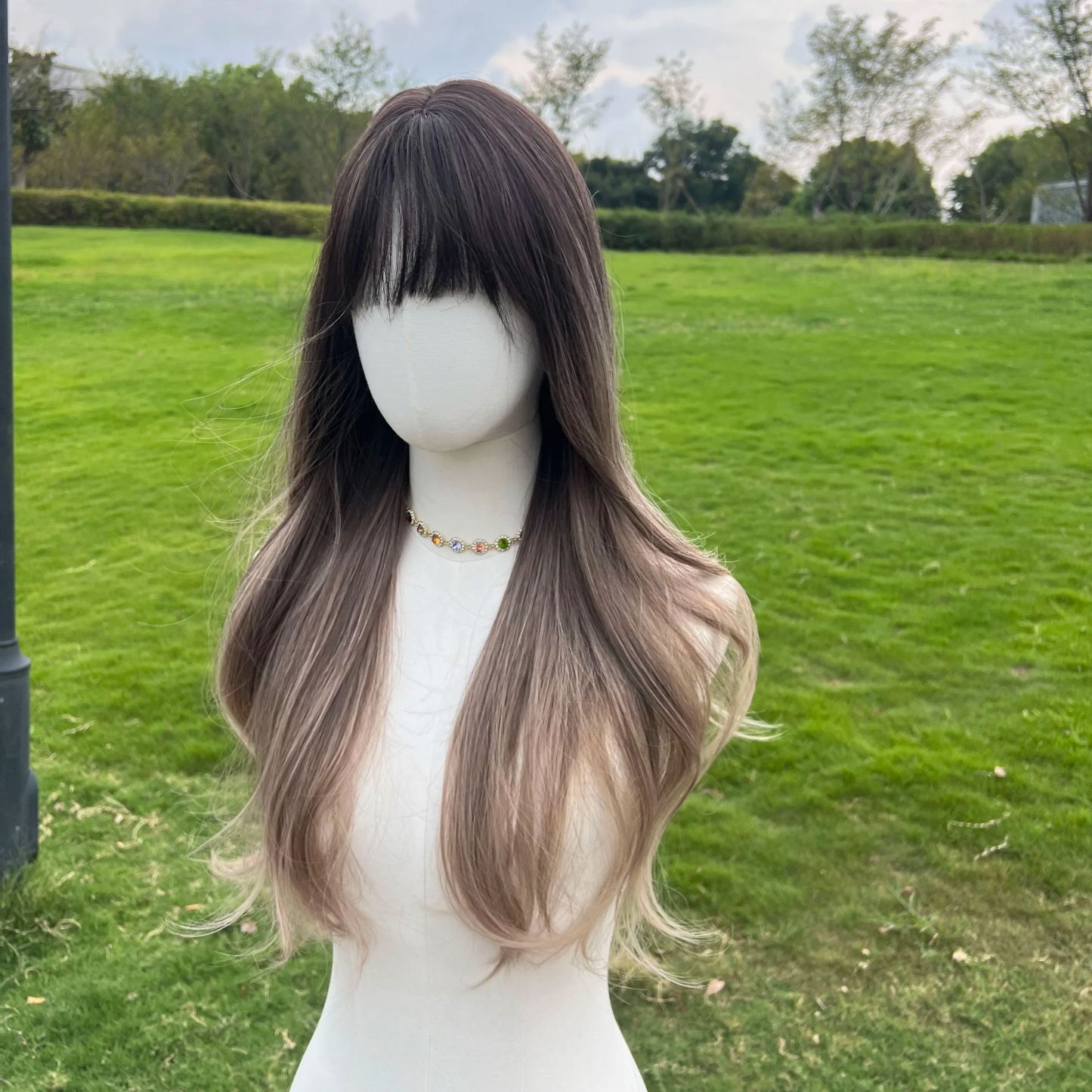 SMILCO/28Inch Ombre Deep-Light Brown Long Wave Synthetic Wig/SM037