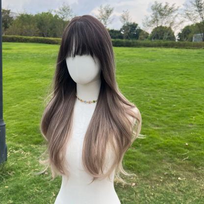 SMILCO/28Inch Ombre Deep-Light Brown Long Wave Synthetic Wig/SM037