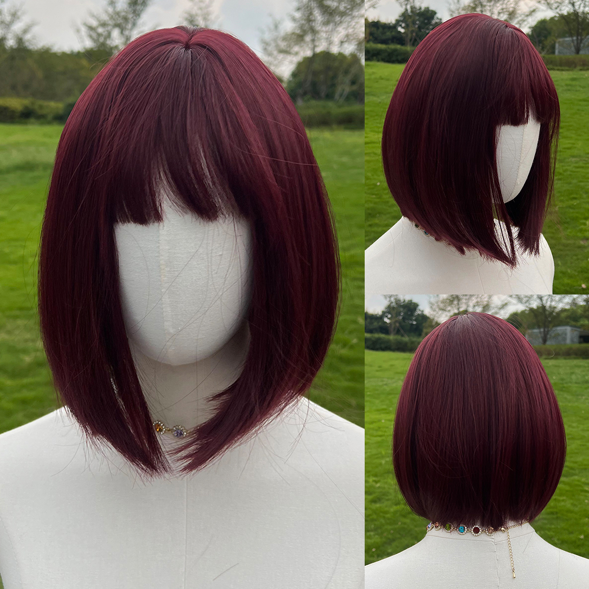 SMILCO/12Inch Brilliant Red Short Bob Straight With Bangs Synthetic Wig/H99