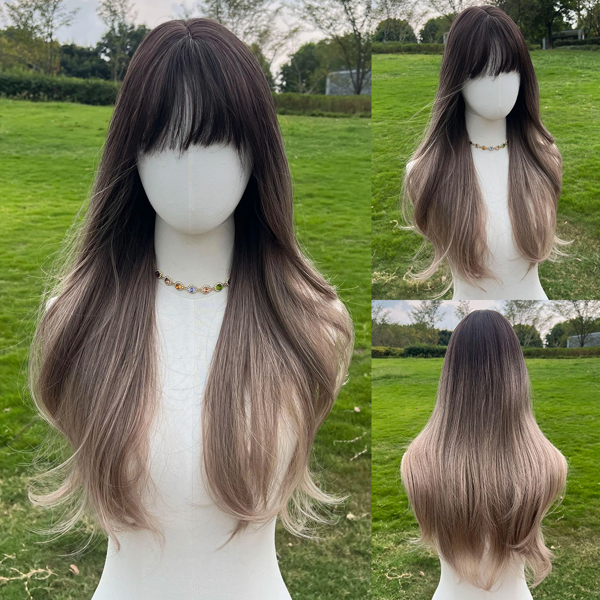 SMILCO/28Inch Ombre Deep-Light Brown Long Wave Synthetic Wig/SM037