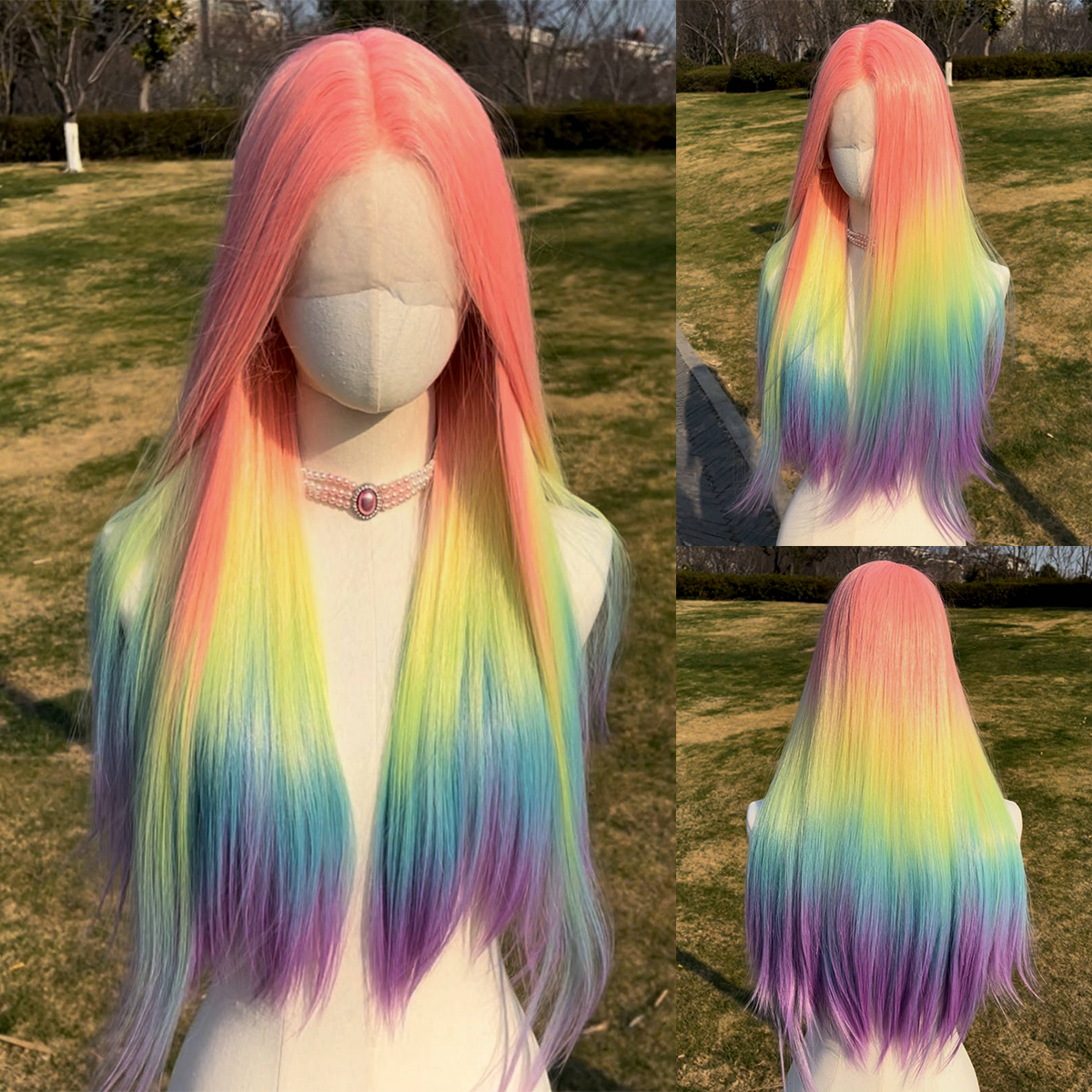 SMILCO/26Inch Rainbow Long Straight T-Part Lace Front Synthetic Wig/SM