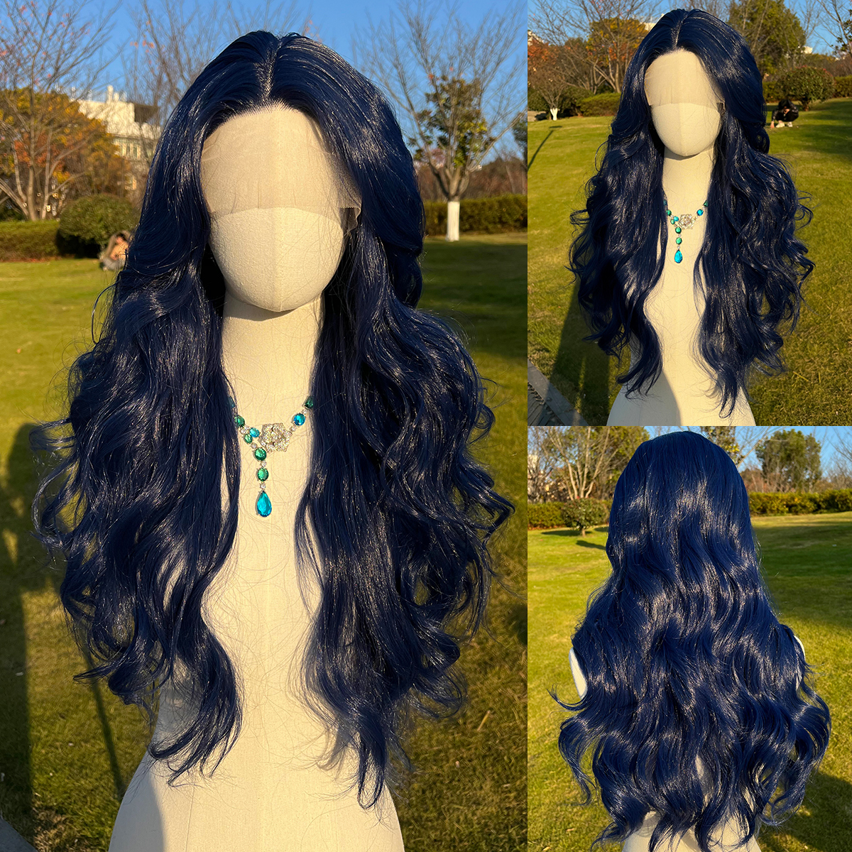 SMILCO/26Inch Dark Blue Long Curly T-Part Lace Front Synthetic Wig/SM9119
