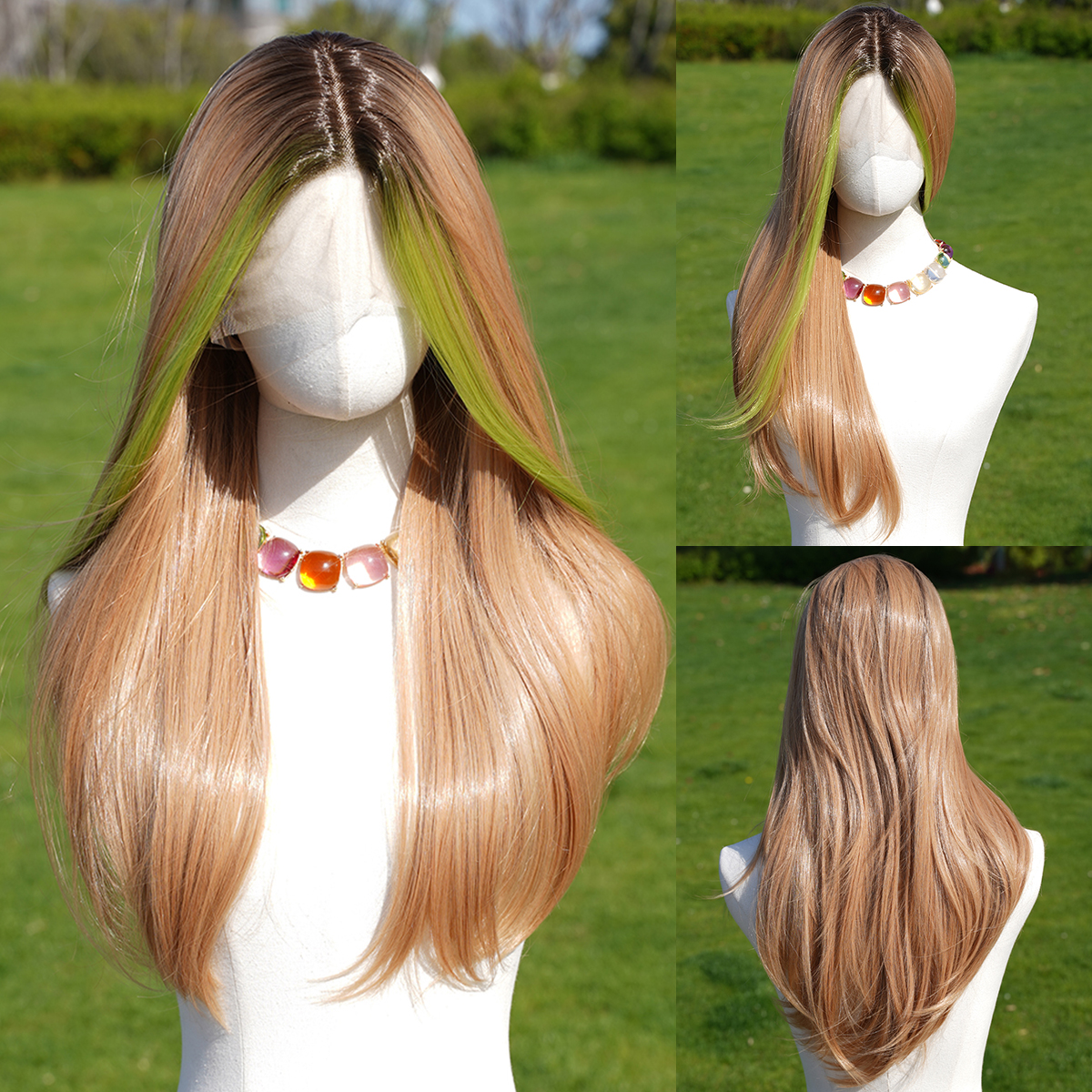 SMILCO/26Inch Highlight&Ombre Blonde With Green Ash Brown T-Part Lace Front Long Straight Synthetic Wig/SM9149