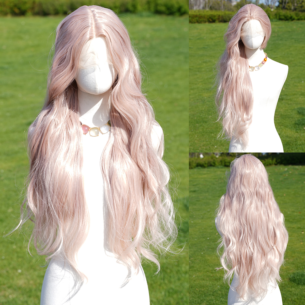 SMILCO/28Inch Pink T-Part Lace Front Long Curly Synthetic Wig/SM9127