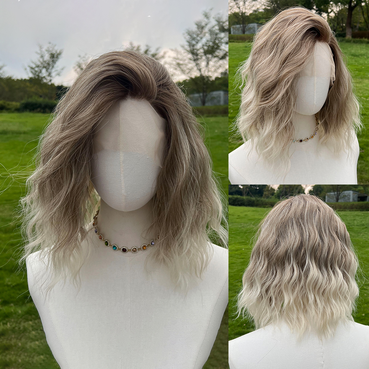 SMILCO/14Inch Ombre Brown Ash Blonde T-Part Lace Front Short Water Wave Synthetic Wig/SM9171