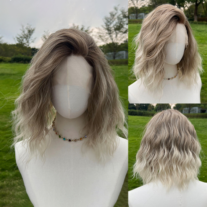 SMILCO/14Inch Ombre Brown Ash Blonde T-Part Lace Front Short Water Wave Synthetic Wig/SM9171