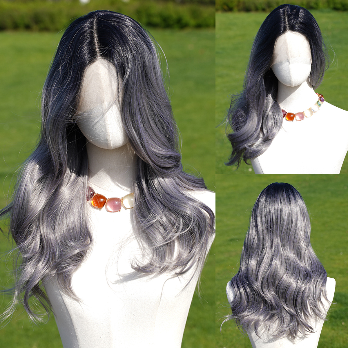 SMILCO/22Inch Ombre Dark-Light Grey T-Part Lace Front Long Curly Synth