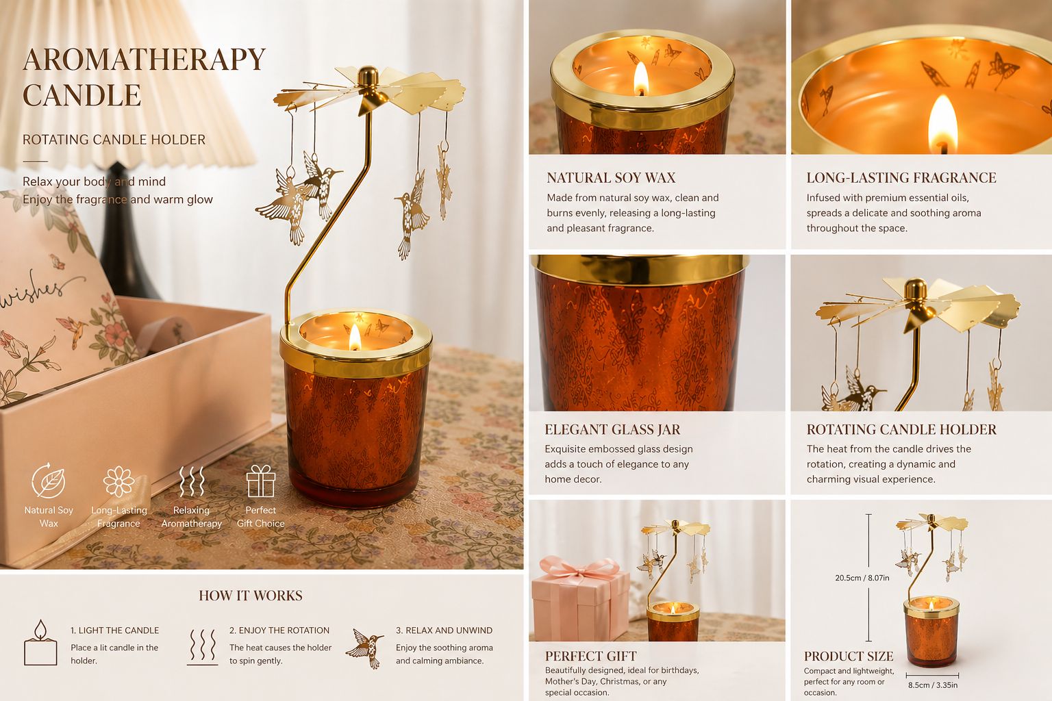 Aromatherapy Candle with Rotating Hummingbird Carousel