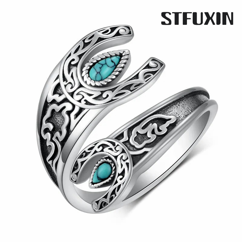 Stfuxin Western Turquoise Spoon Ring 925 Sterling Silver Vintage Thumb Ring Western Thumb Ring for Women Girls