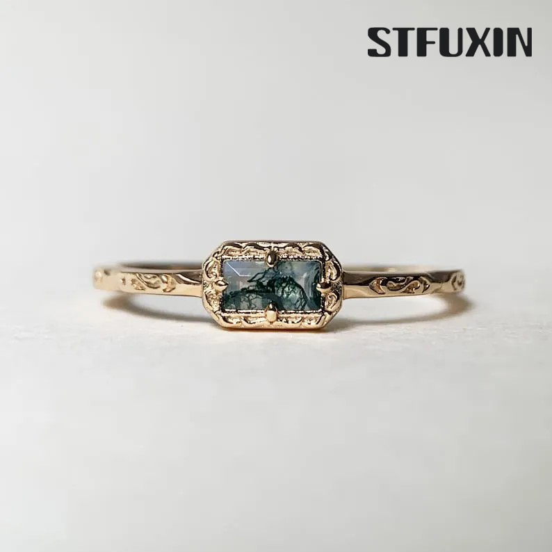 Stfuxin Natural Moss Agate /Blue Topaz /Opal Wedding Band Ring Sterling Silver Art Deco Unique Baguette Cut Green Agate Anniversary Rings