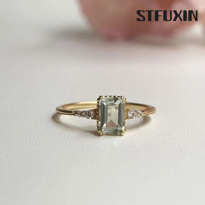 Stfuxin Natural Green Emerald Cut Prasiolite RingsAnniversary Birthday Gift For Her
