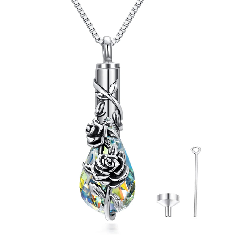 Stfuxin Sterling Silver Rose/Butterfly/Sunflower Flower Cremation Necklace For Ashes,Crystal Urn Necklace For Ashes For Women Memorial Jewelry