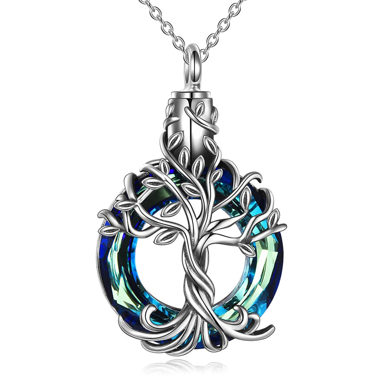 Stfuxin Sterling Silver Tree of Life Urn Necklace for Ashes with Circle Crystal Cremation Memorial Keepsake Jewelry