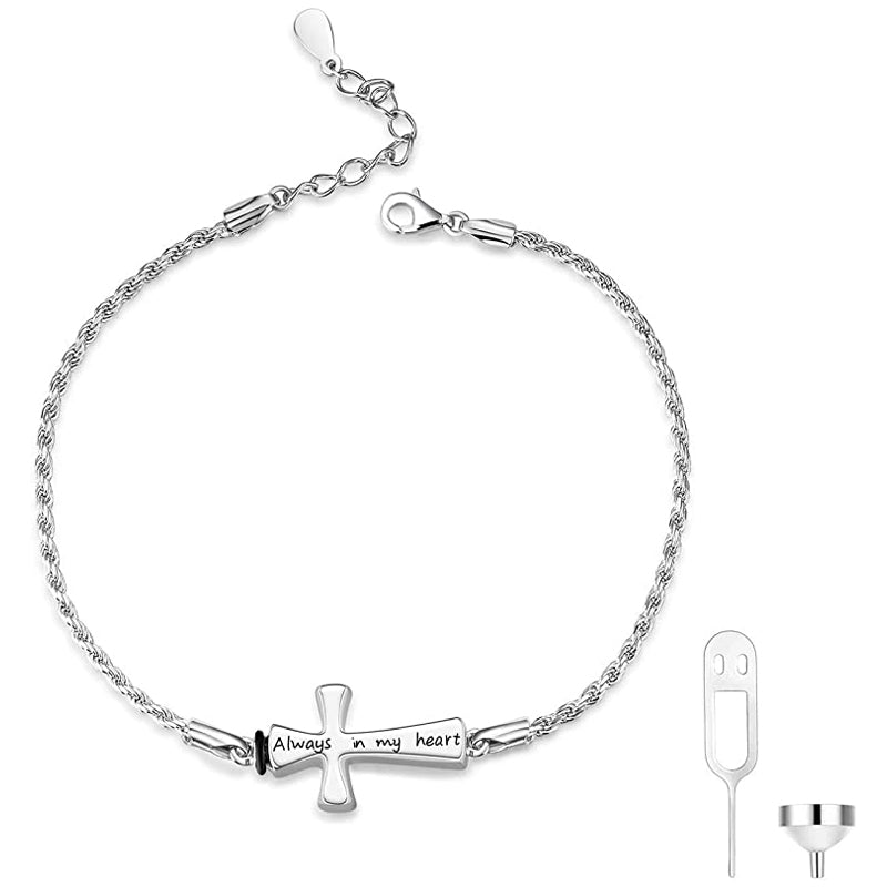 Stfuxin Cross Urn Bracelet Dog Paw Urn Bracelet Sterling Silver Always in My Heart Cremation Keepsake Bracelet w/ Funnel Filler