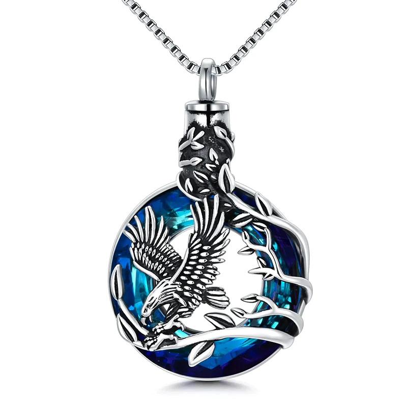 Stfuxin Cremation Jewelry Sterling Silver Eagle Urn Necklace for Ashes with Blue Circle Crystal Memorial Keepsake w/Funnel Filler Memorial Jewelry
