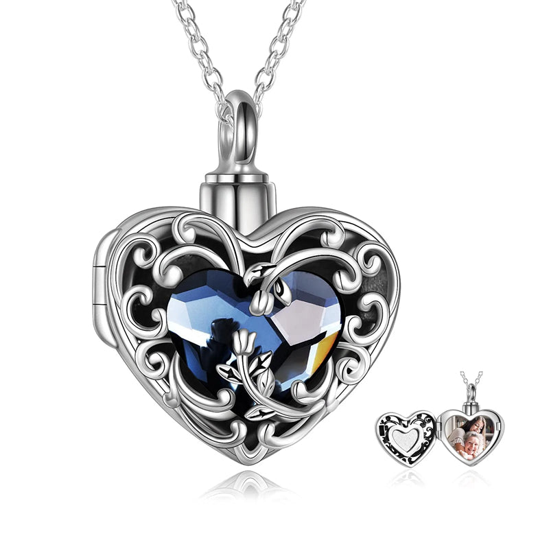 Stfuxin Rose Locket Ashes Necklace Urn Necklace for Women Heart Crystal Cremation Necklace for Ashes Cremation Jewelry