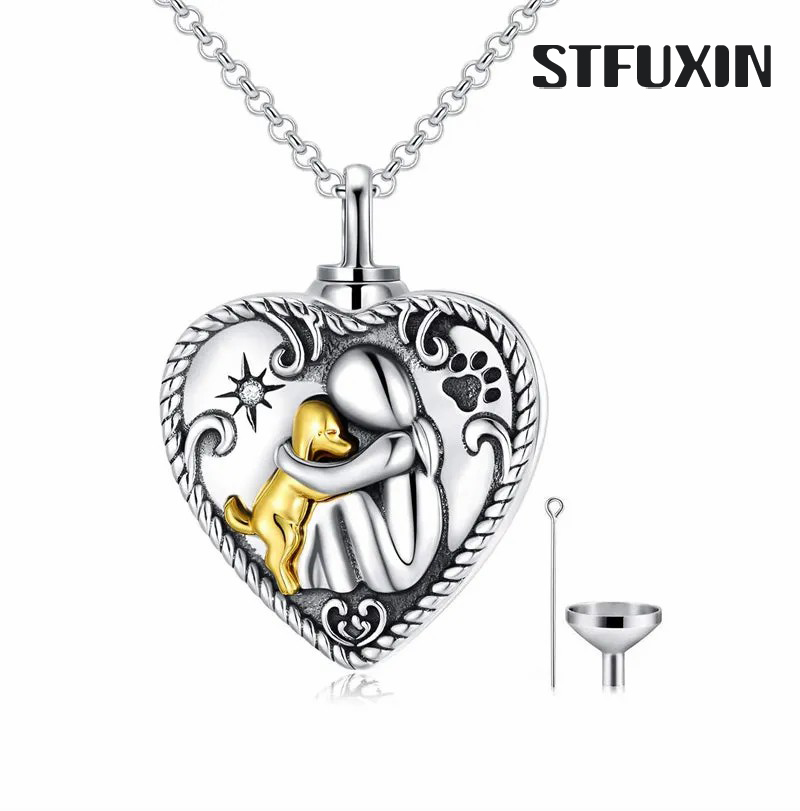 Stfuxin Sterling Silver Dog Urn Necklace/Ring for Ashes Dog Memorial Keepsake Cremation Jewelry Gifts for Women Dog Lovers