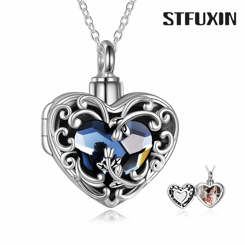 Stfuxin Rose Locket Ashes Necklace Urn Necklace for Women Heart Crystal Cremation Necklace for Ashes Cremation Jewelry