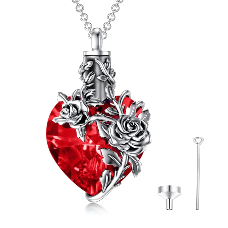 Stfuxin Sterling Silver Rose Flower Cremation Necklace For Ashes, Red/Blue Crystal Urn Necklace For Ashes For Women Memorial Jewelry