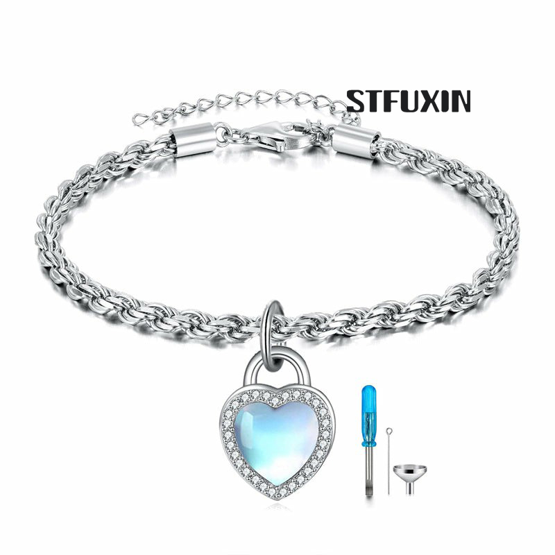 Stfuxin Lock Moonstone Urns Bracelet for Ashes Lock of Love Heart Clasp Charms Urn Ashes Bracelet 925 Sterling Silver Cremation Keepsake Bracelet Jewelry