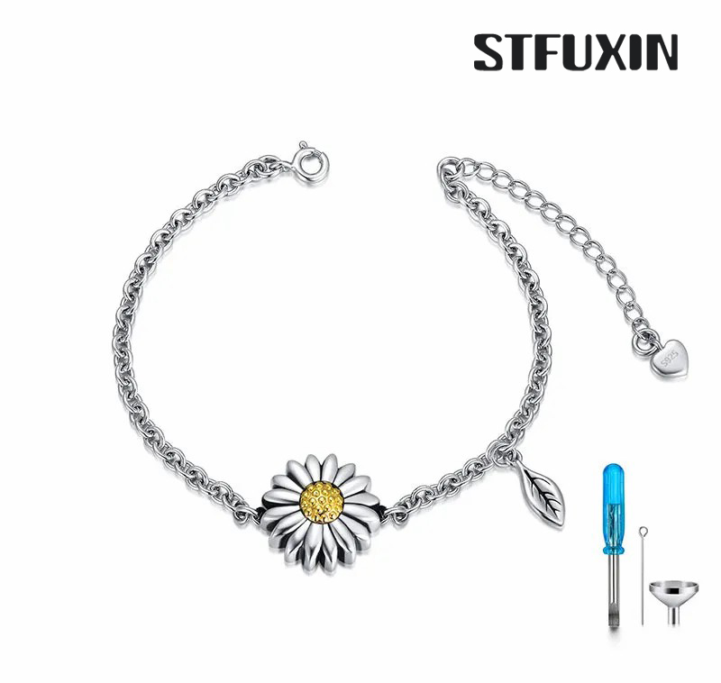 Stfuxin Sunflower Cremation Jewelry 925 Sterling Silver Urn Bracelet Ashes Keepsake Hair Memorial Link Chain Always in My Heart Locket for Women Mom