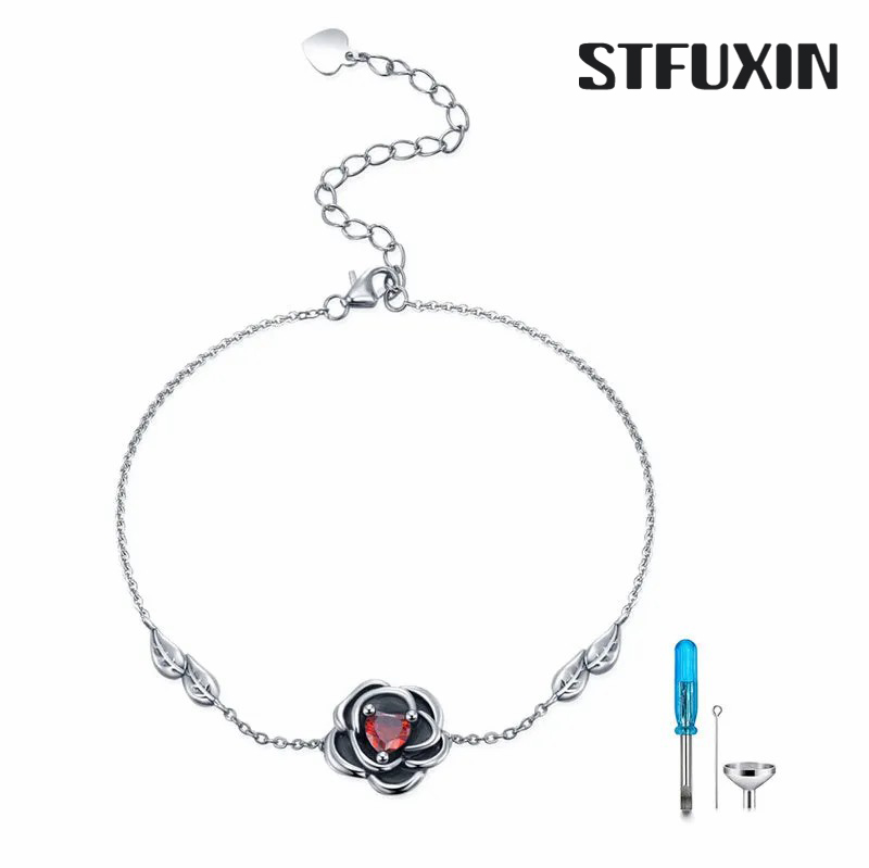 Stfuxin Rose Urn Bracelet 925 Sterling Silver Flower Cremation Urn Bracelet for Ashes Memorial Jewelry Gift for Women