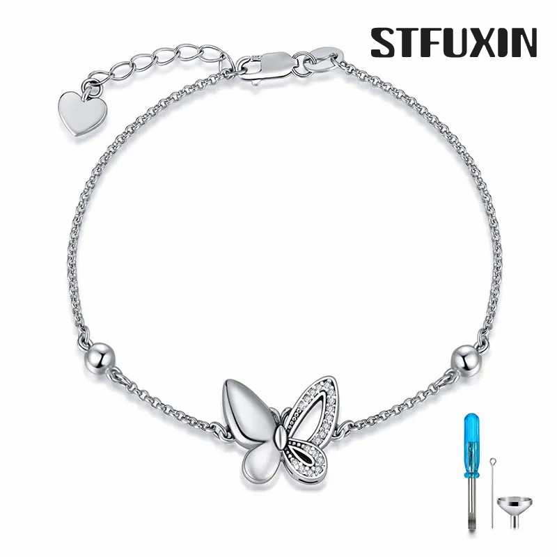 Stfuxin Butterfly Cremation Jewelry 925 Sterling Silver Urn Bracelet Ashes Keepsake Hair Memorial Link Chain Always in My Heart Locket for Women Mom