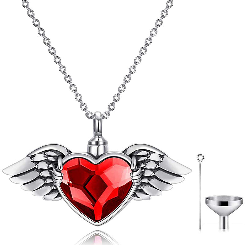 Stfuxin Angel Wing with Heart Urn Necklace for Ashes Sterling Silver Crystal Heart Cremation Memorial Keepsake Pendant