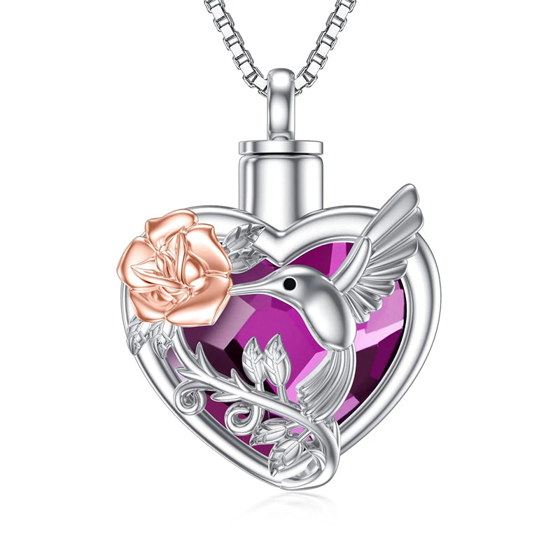 Stfuxin Hummingbird Urn Necklace for Ashes Sterling Silver with Crystal Cremation Jewelry w/Funnel Filler Keepsake Memory Jewelry for Women Girls