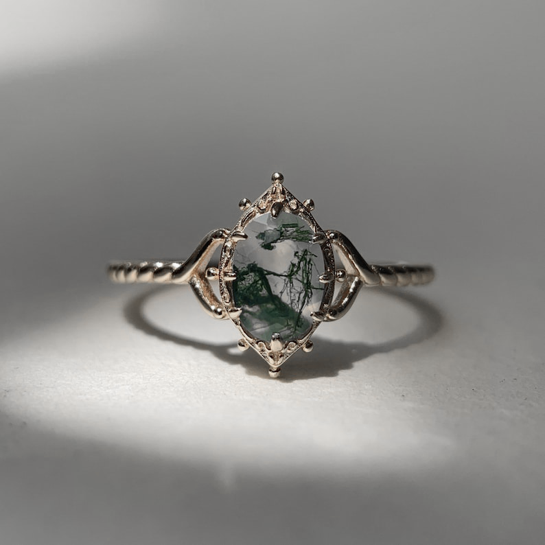 Stfuxin Natural Moss Agate Engagement Ring Vintage 925 Sterling Silver Gold Solitaire Rings Promise Jewelry Gift for Women