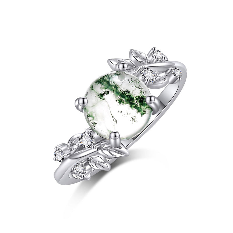 Stfuxin Natural Moss Agate Ring Sterling Silver Green Moss Agate Ring Promise Ring Engagement Wedding Jewelry Gift for Women