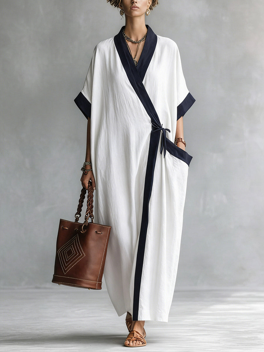 Women's V-neck Sleeve Casual Loose Cotton Linen Dress