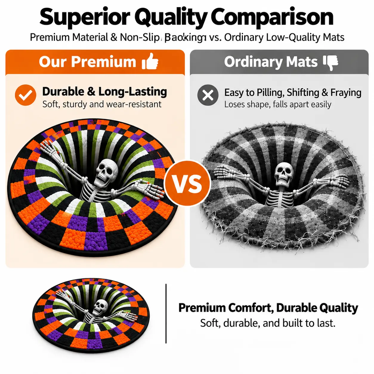 3D Skeleton Optical Illusion Halloween Round Rug, Non-Slip Floor Mat