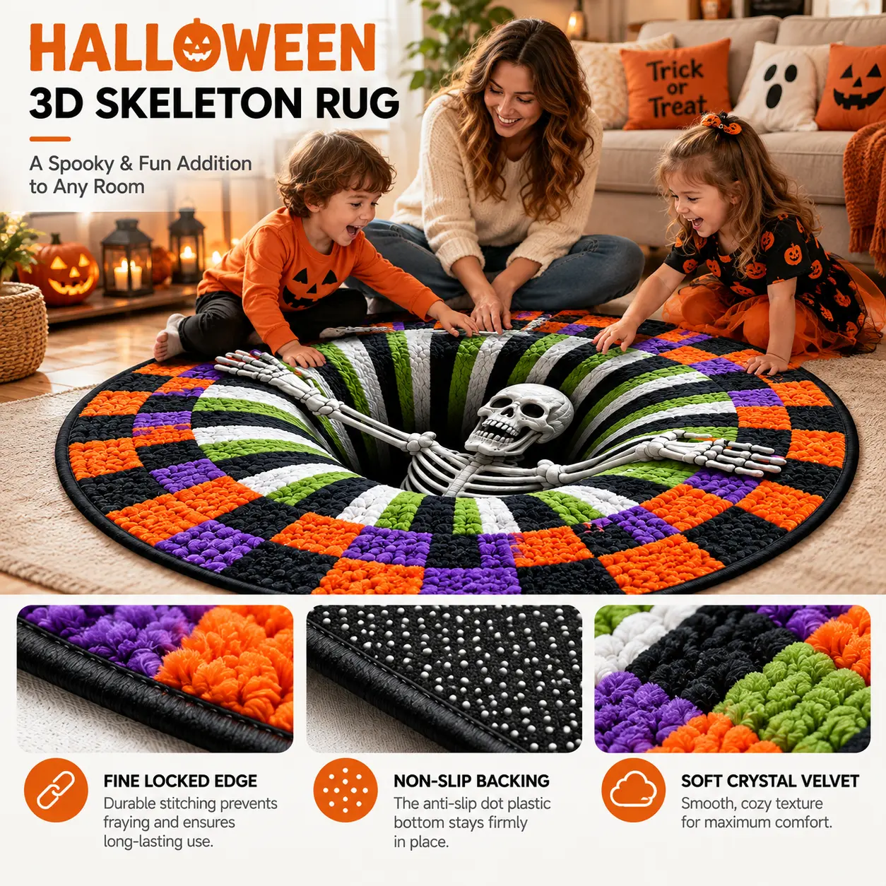 3D Skeleton Optical Illusion Halloween Round Rug, Non-Slip Floor Mat
