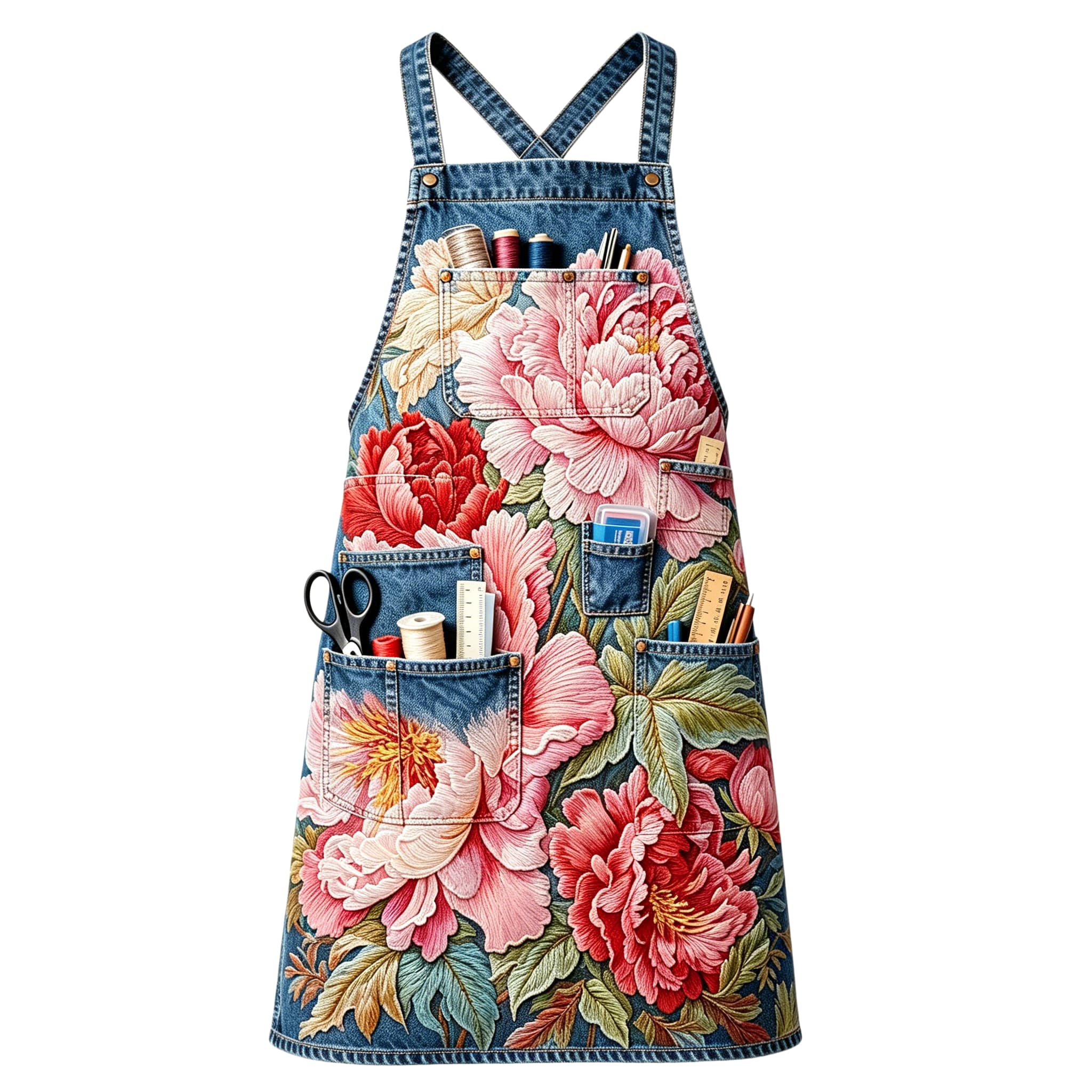 Lush Peony Blossom Symphony Multi-pocket Cross-back Embroidered Apron