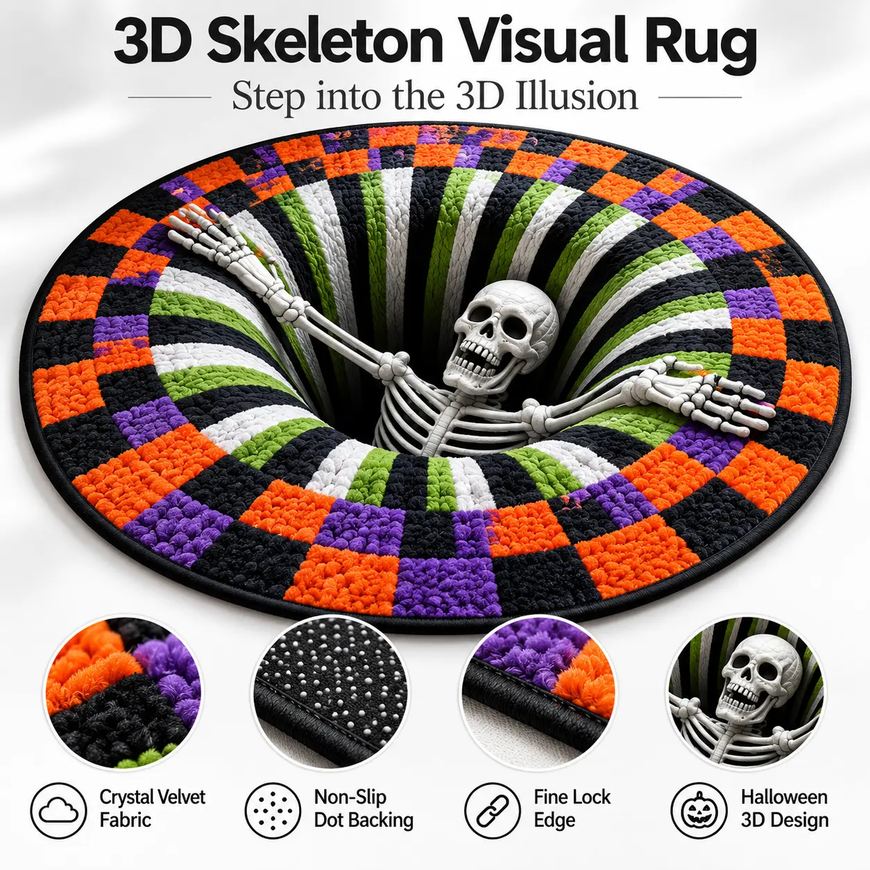 3D Skeleton Optical Illusion Halloween Round Rug, Non-Slip Floor Mat
