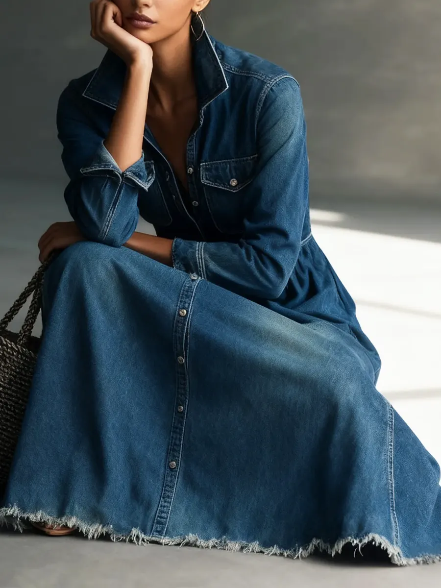 Women Stylish Art Stand Collar Washed Denim Midi Dress