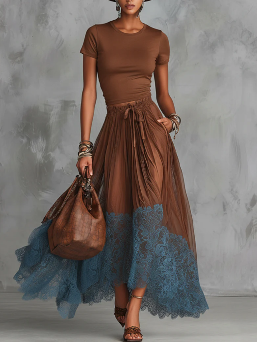 Stylish Stretch T-shirt And Lace-trimmed Skirt Two-piece Set