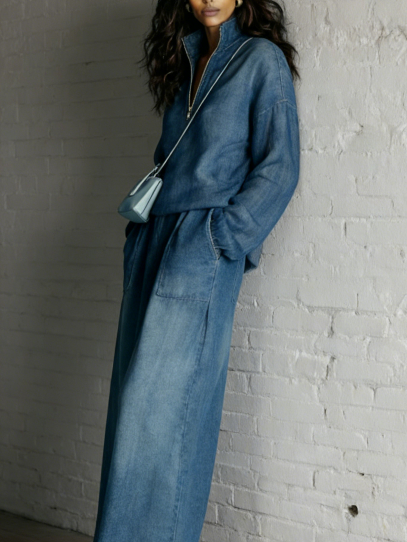 Casual Denim Stand-collar Zip-up Top And Skirt Two-piece Set