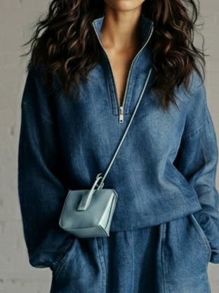 Casual Denim Stand-collar Zip-up Top And Skirt Two-piece Set