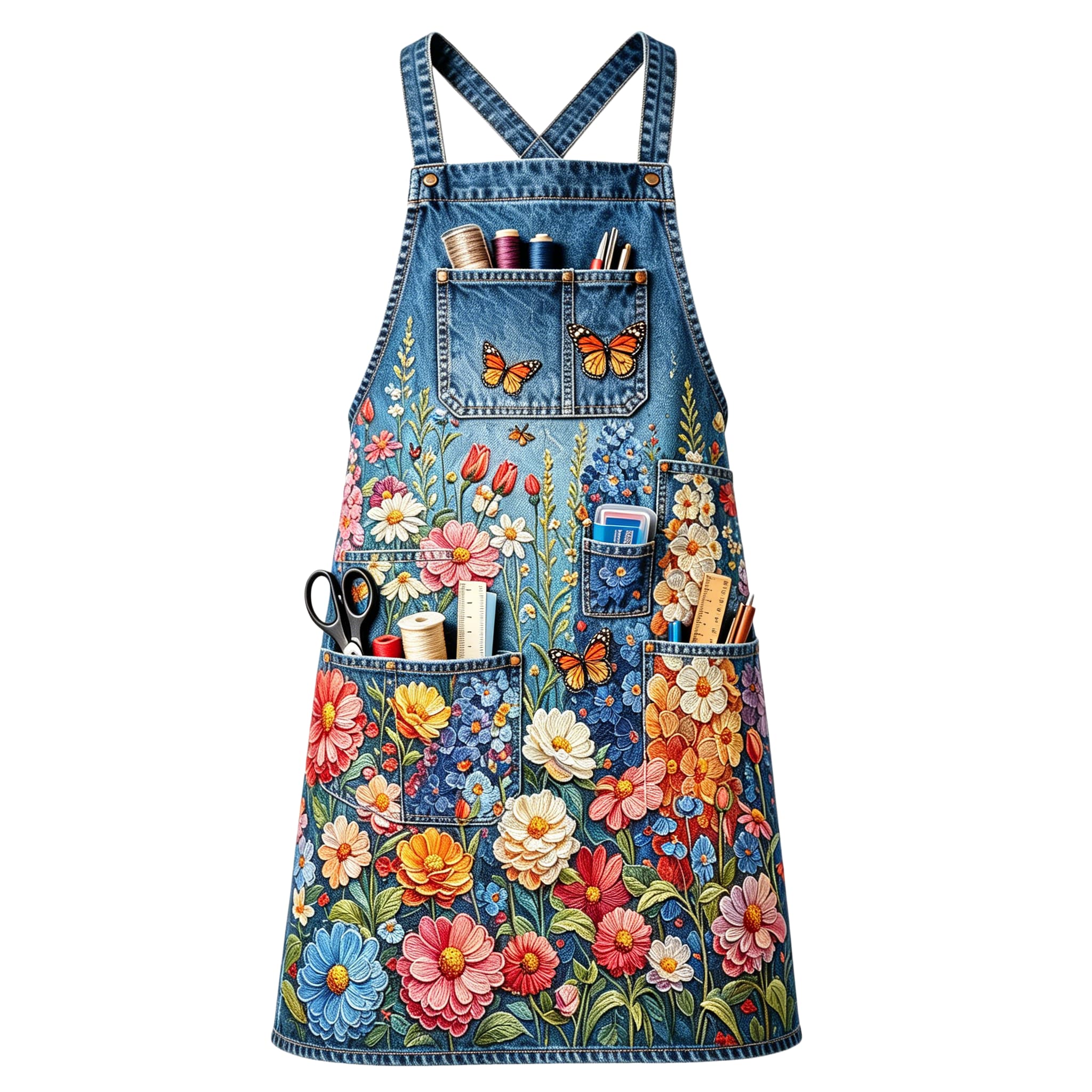 Monarch Butterfly & Wildflower Haven Multi-pocket Cross-back Embroidered Apron