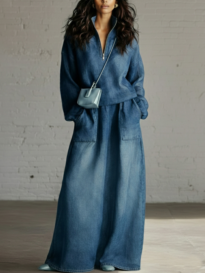 Casual Denim Stand-collar Zip-up Top And Skirt Two-piece Set