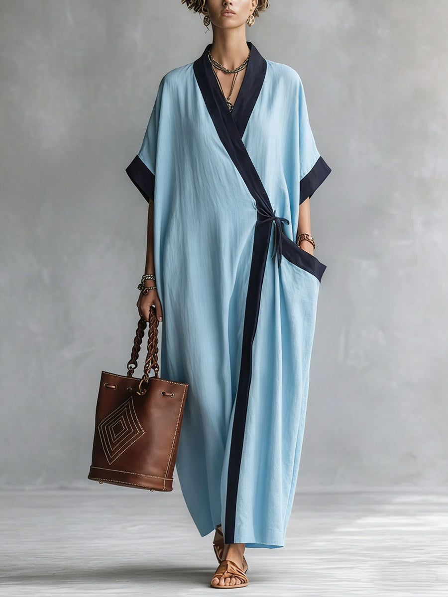 Women's V-neck Sleeve Casual Loose Cotton Linen Dress