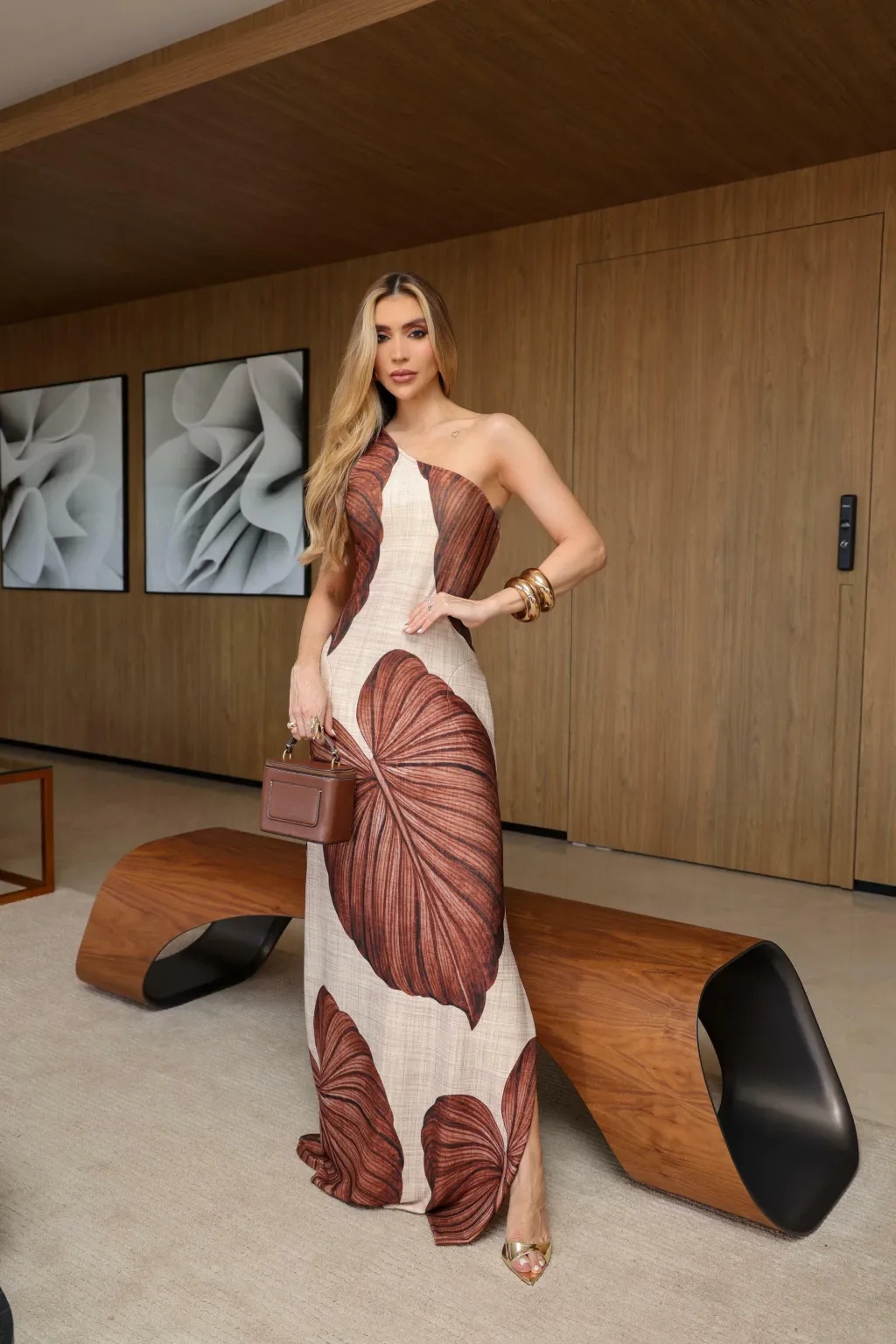 Brown Tropical Leaf One-Shoulder Maxi Dress