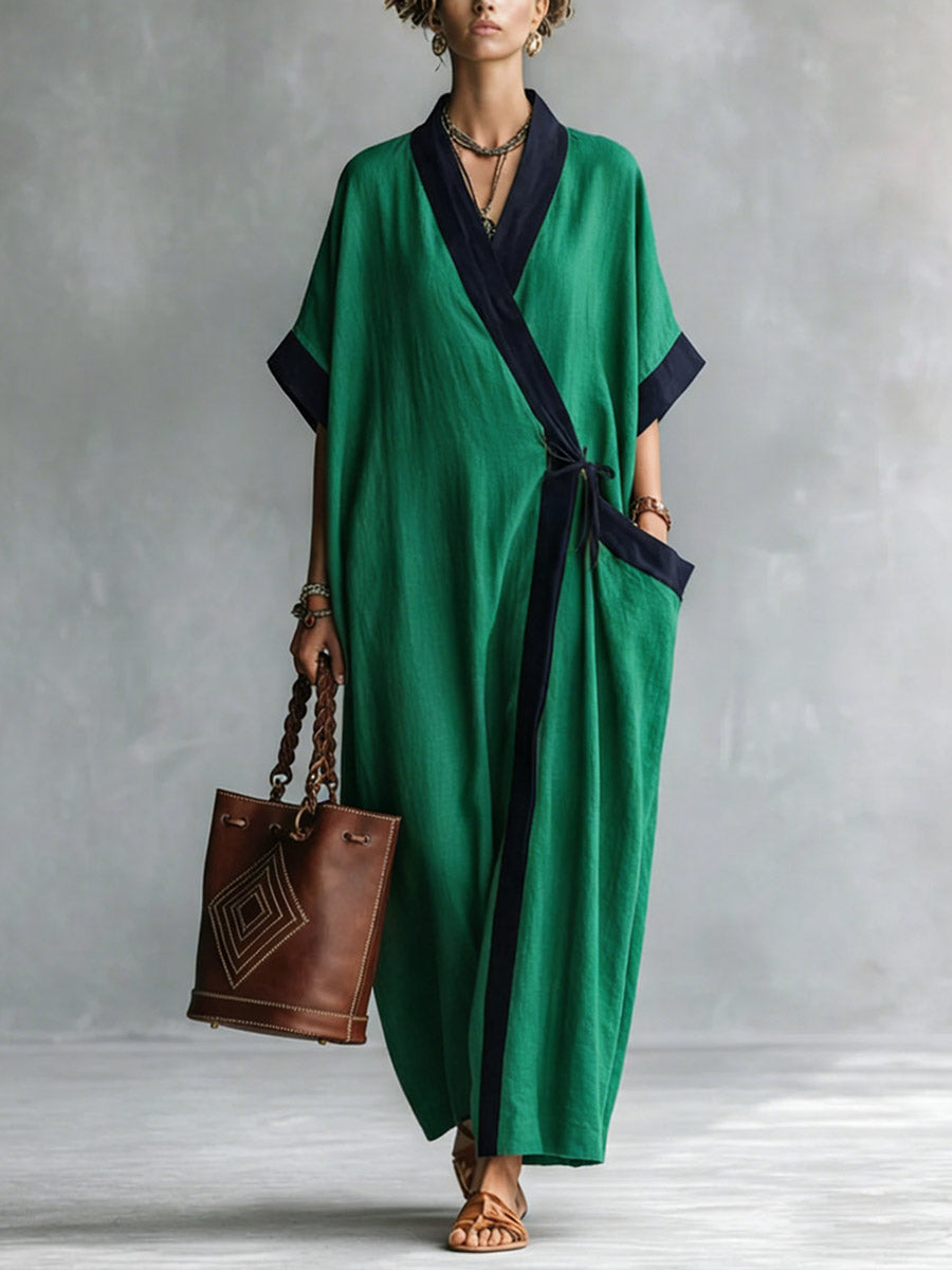 Women's V-neck Sleeve Casual Loose Cotton Linen Dress