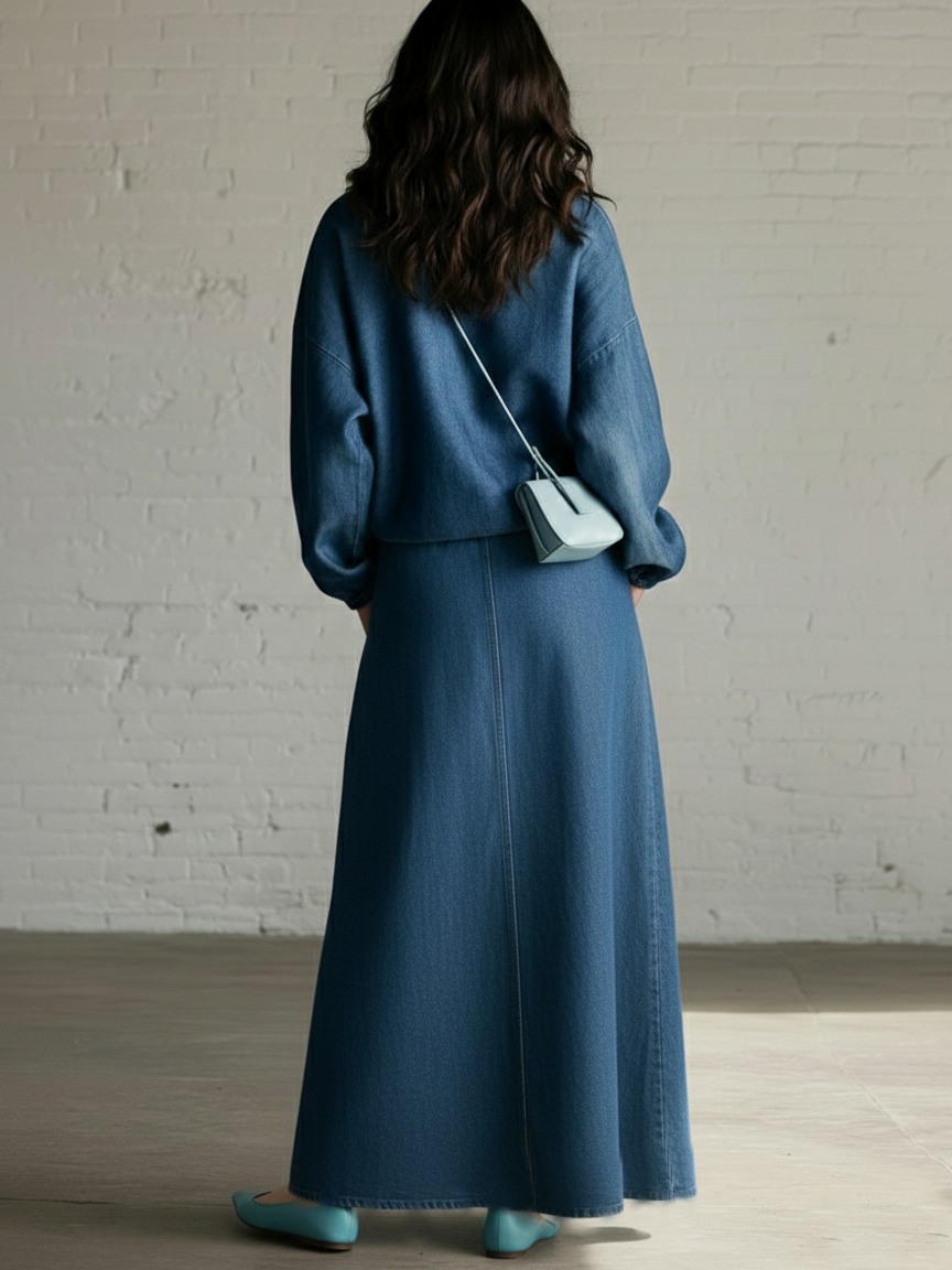 Casual Denim Stand-collar Zip-up Top And Skirt Two-piece Set